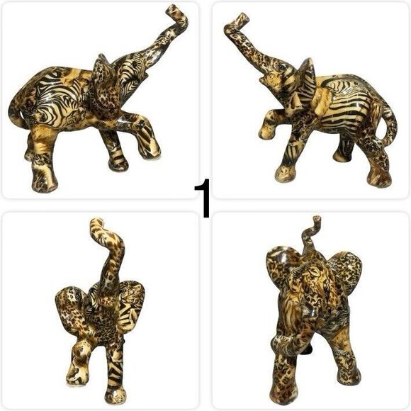 Lot of 2 La Vie Trunk Up Elephant Figurine Safari Animal Print Patchwork Ceramic - Picture 4 of 17